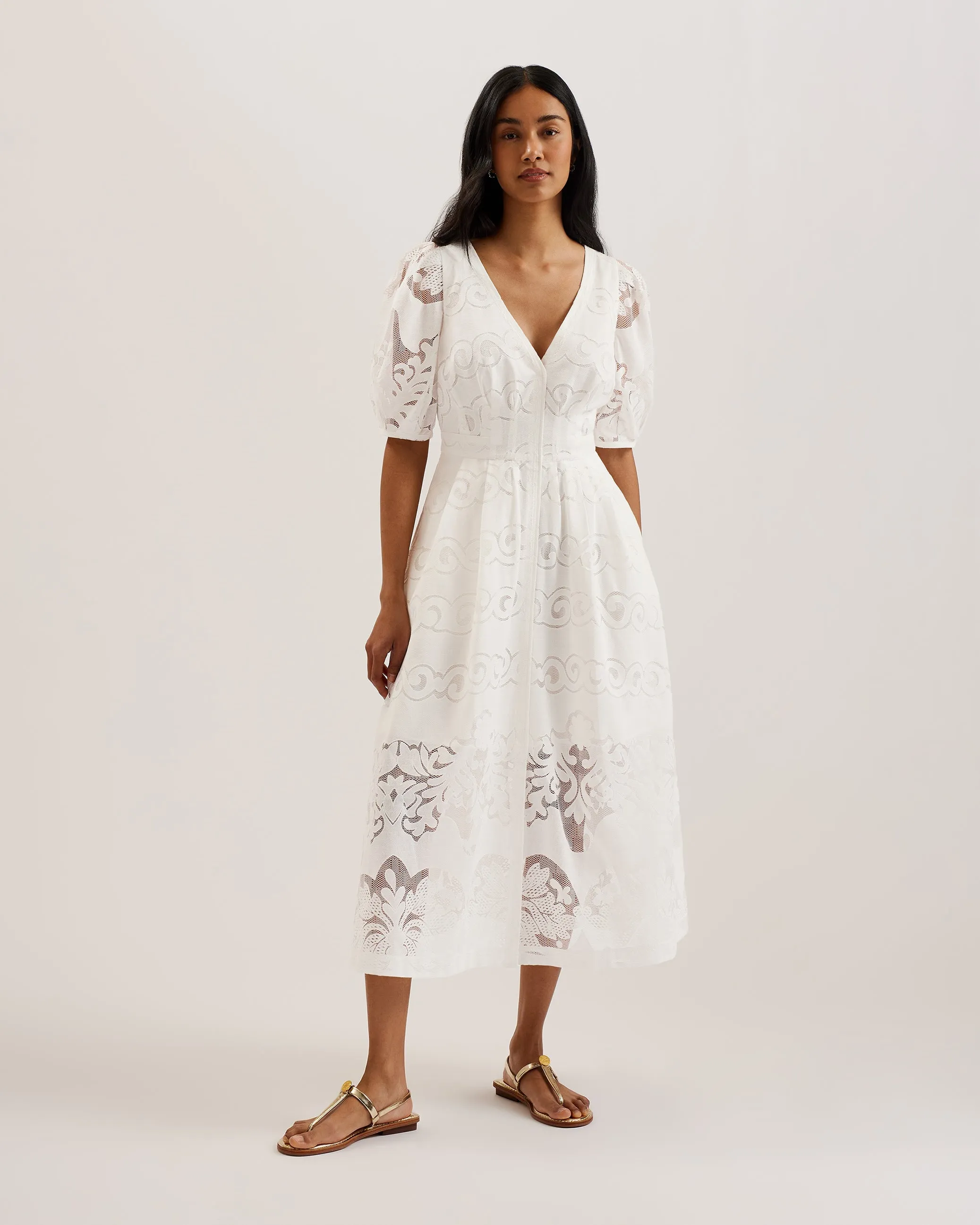 Agnel Lace Puff Sleeve Midi Dress White