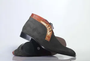 Bespoke Black Brown Chukka Leather Suede Lace Up Boot