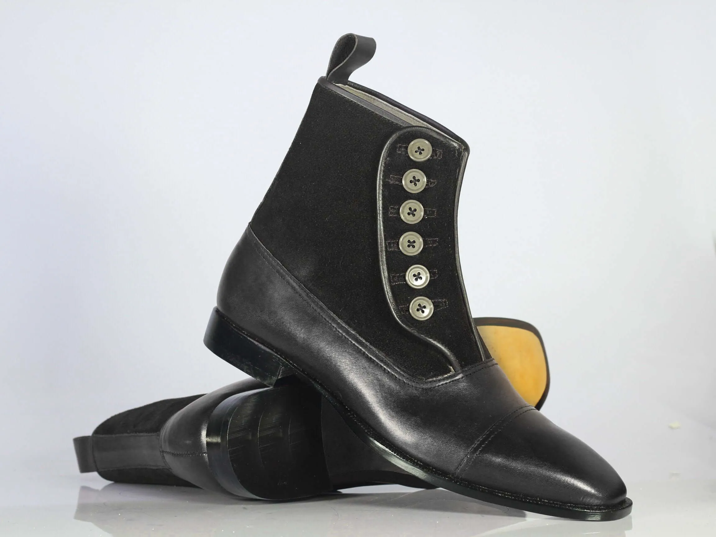 Bespoke Black Leather Suede Button Top Ankle Cap Toe Boot