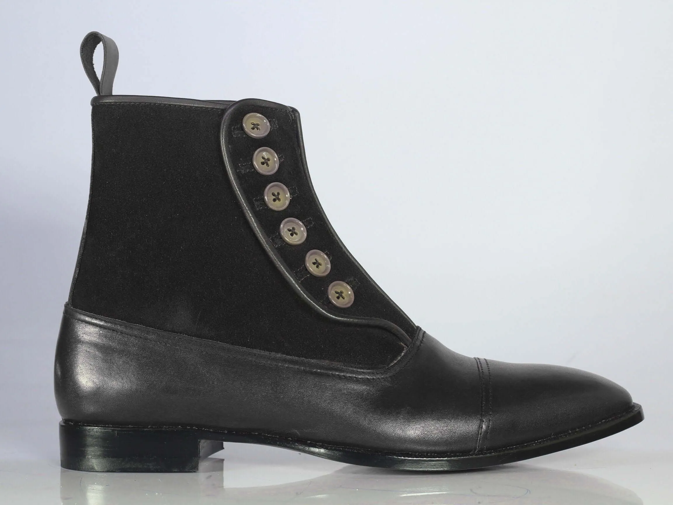 Bespoke Black Leather Suede Button Top Ankle Cap Toe Boot