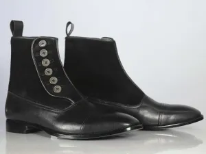 Bespoke Black Leather Suede Button Top Ankle Cap Toe Boot