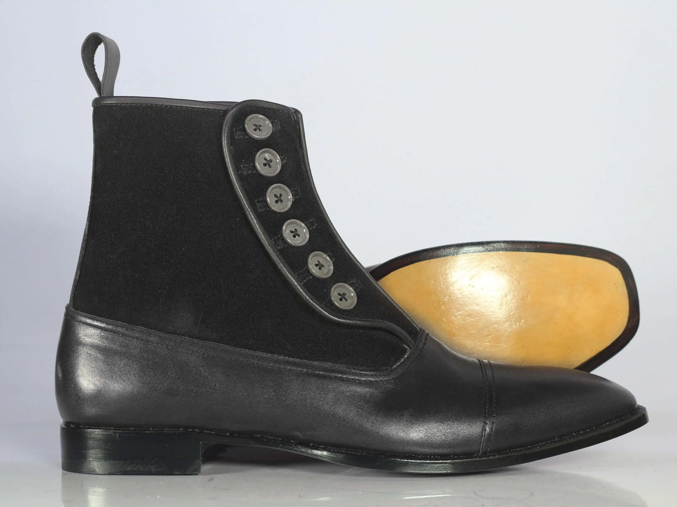 Bespoke Black Leather Suede Button Top Ankle Cap Toe Boot