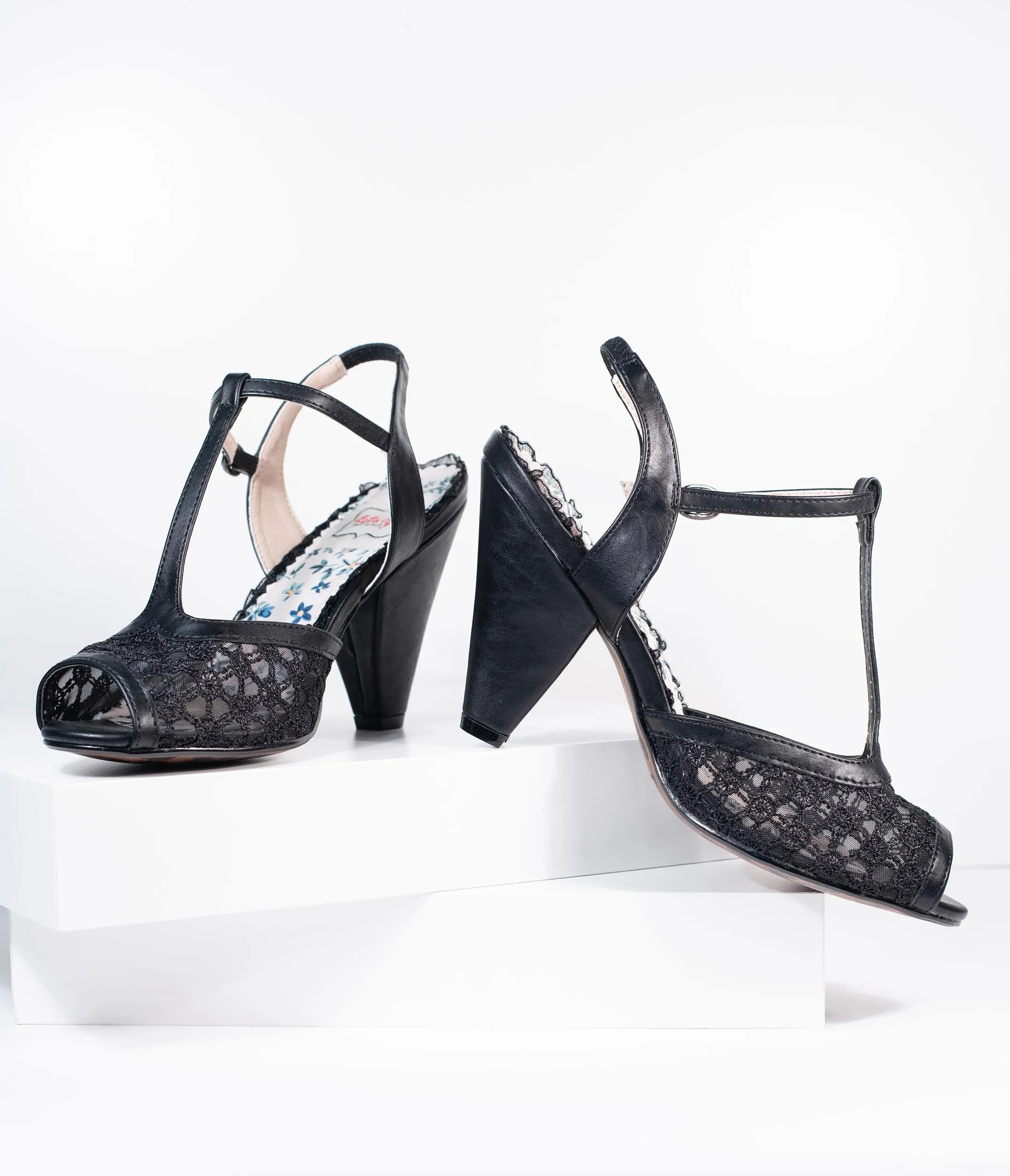 Bettie Page Black Lace Brooklyn T-Strap Heels