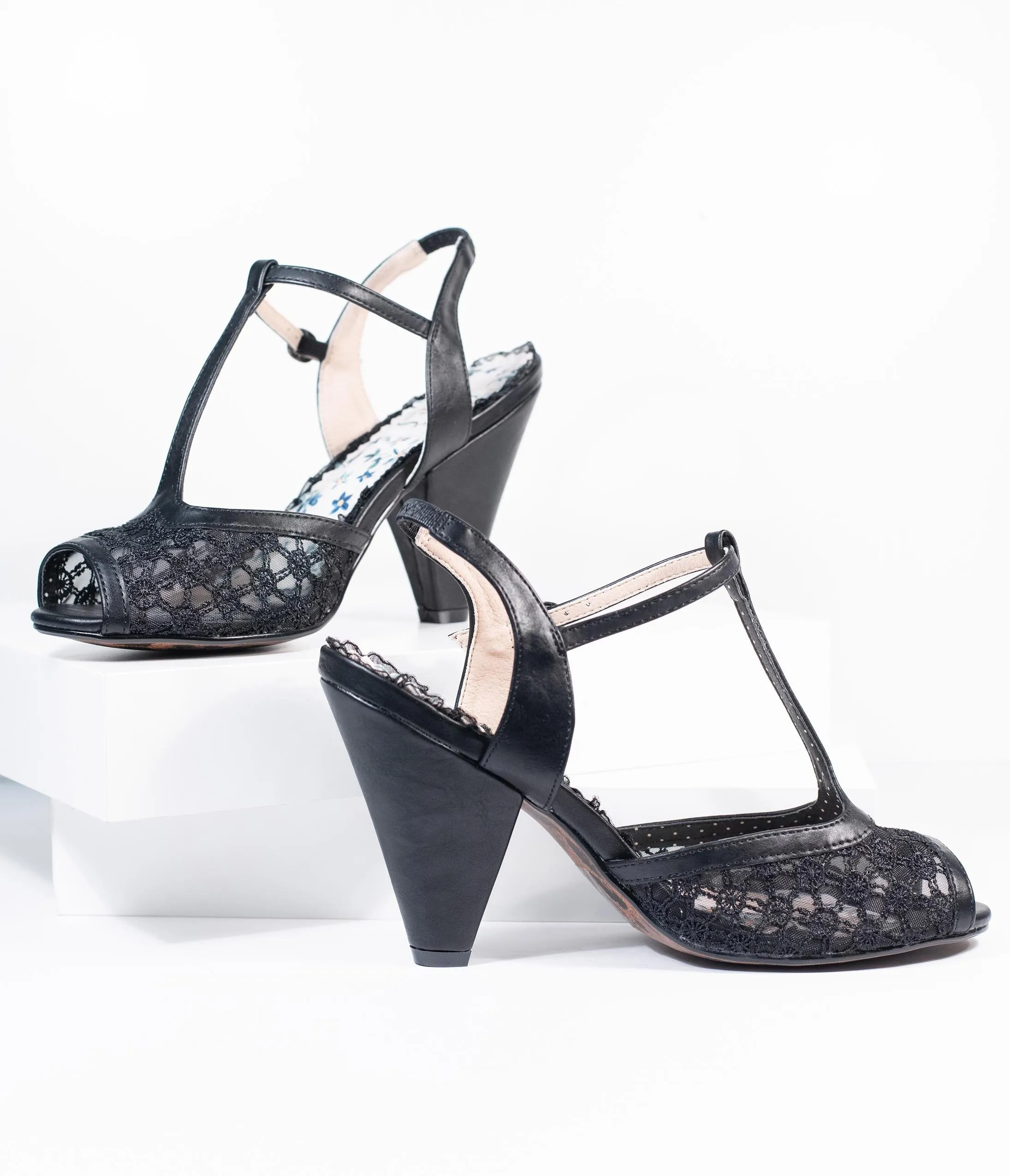 Bettie Page Black Lace Brooklyn T-Strap Heels