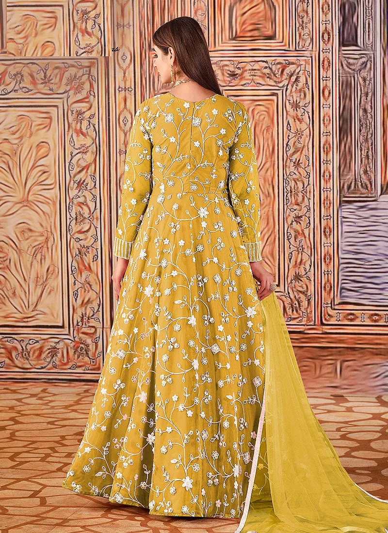 Bright Yellow Cording Embroidered Net Anarkali Suit