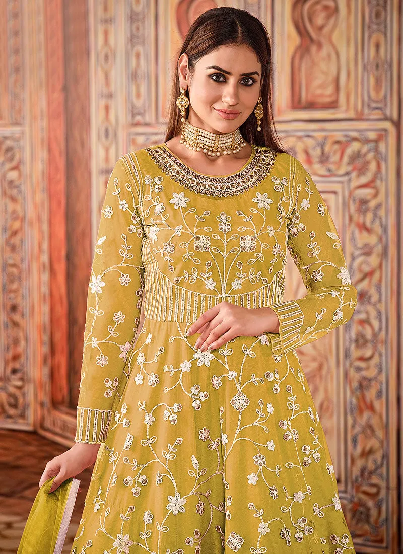 Bright Yellow Cording Embroidered Net Anarkali Suit