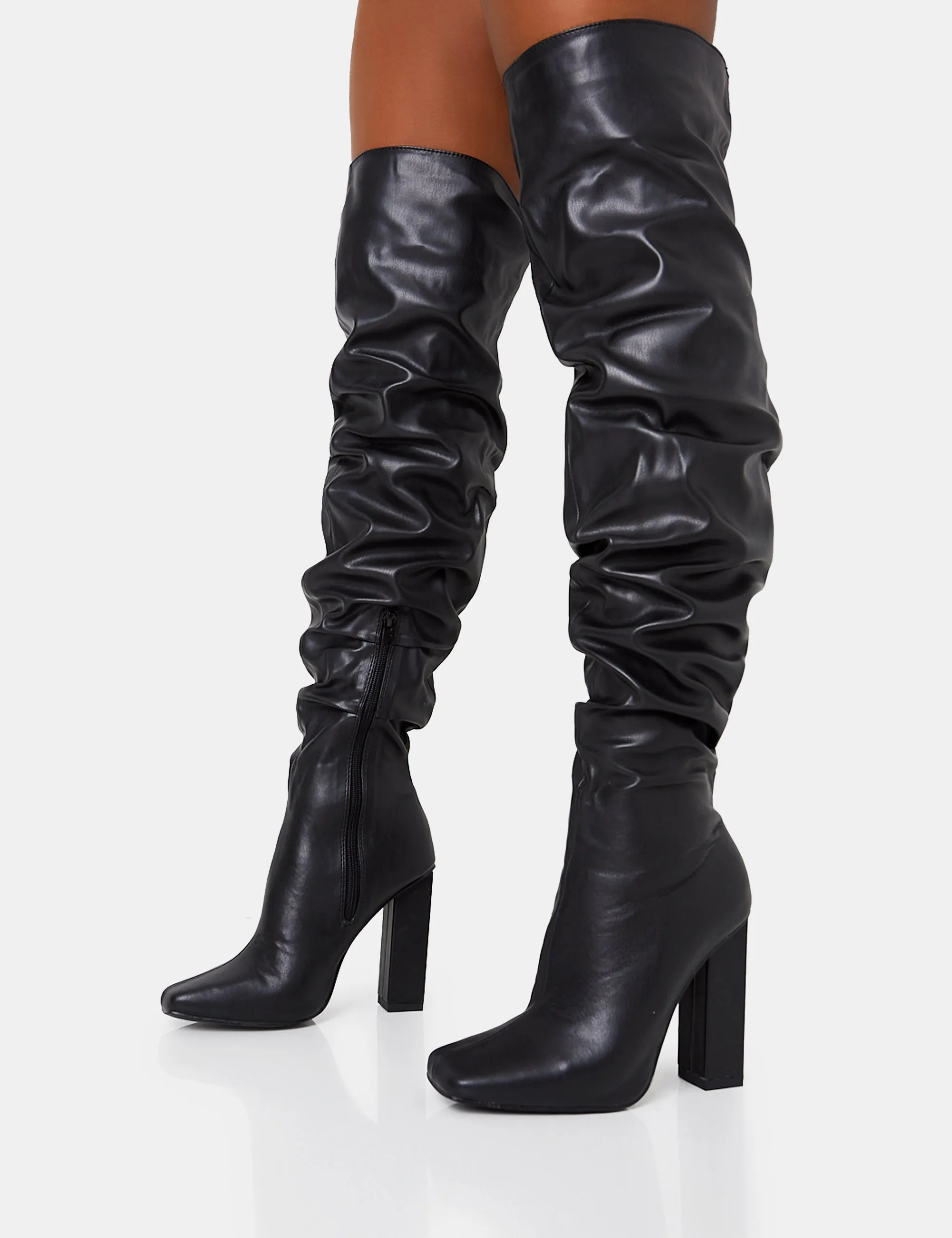 Cassia Black Square Toe Block Heel Over The Knee Boots