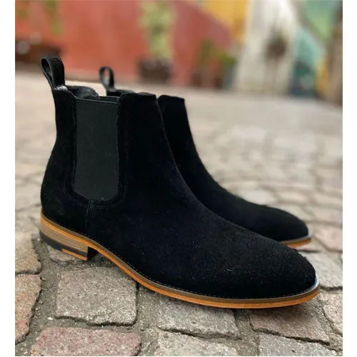 Chelsea Handmade Suede Boots Black Leather Men, Men's High Ankle boots