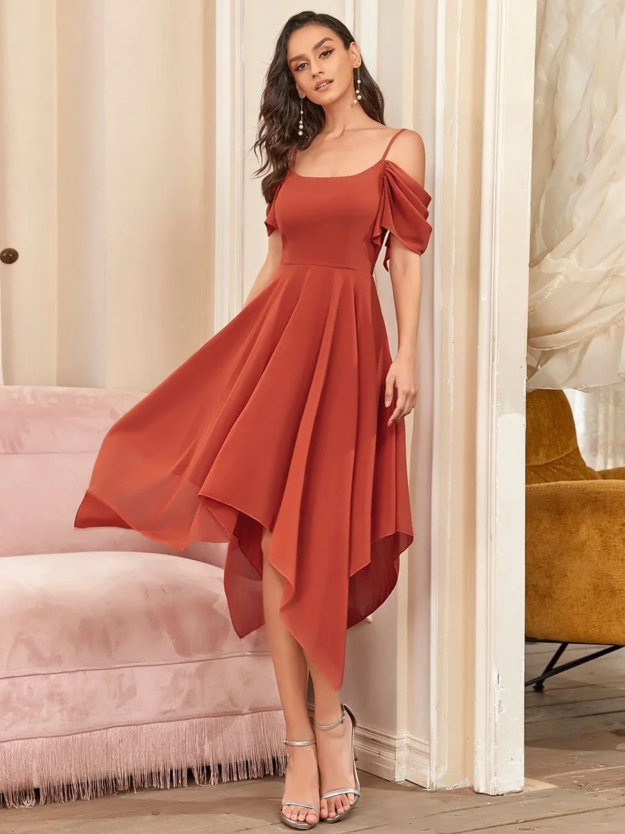 Cold Shoulder Asymmetrical Hems Midi Bridesmaid Dress