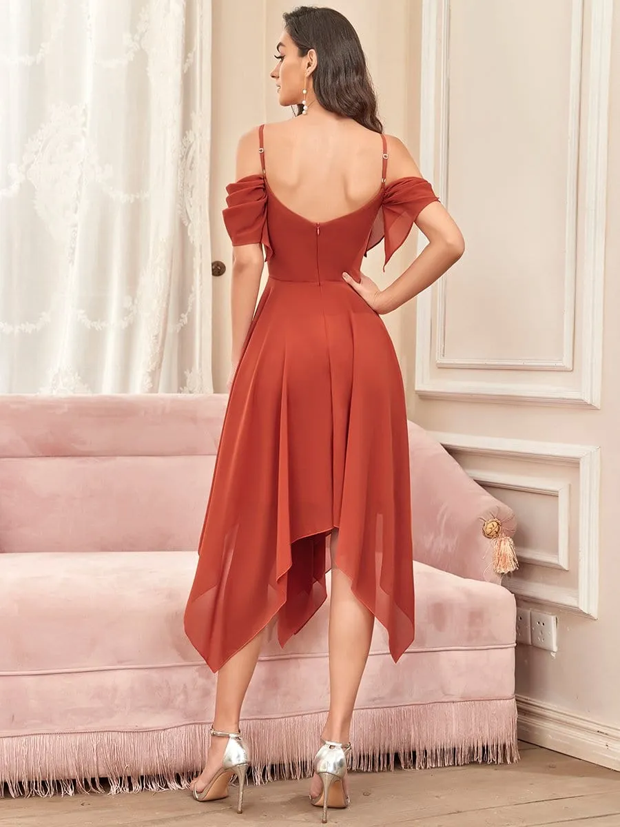 Cold Shoulder Asymmetrical Hems Midi Bridesmaid Dress