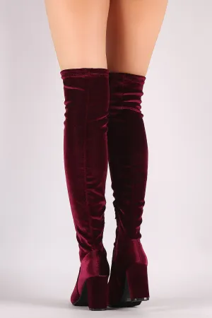 Crushed Velvet Chunky Heeled Over-The-Knee Boots