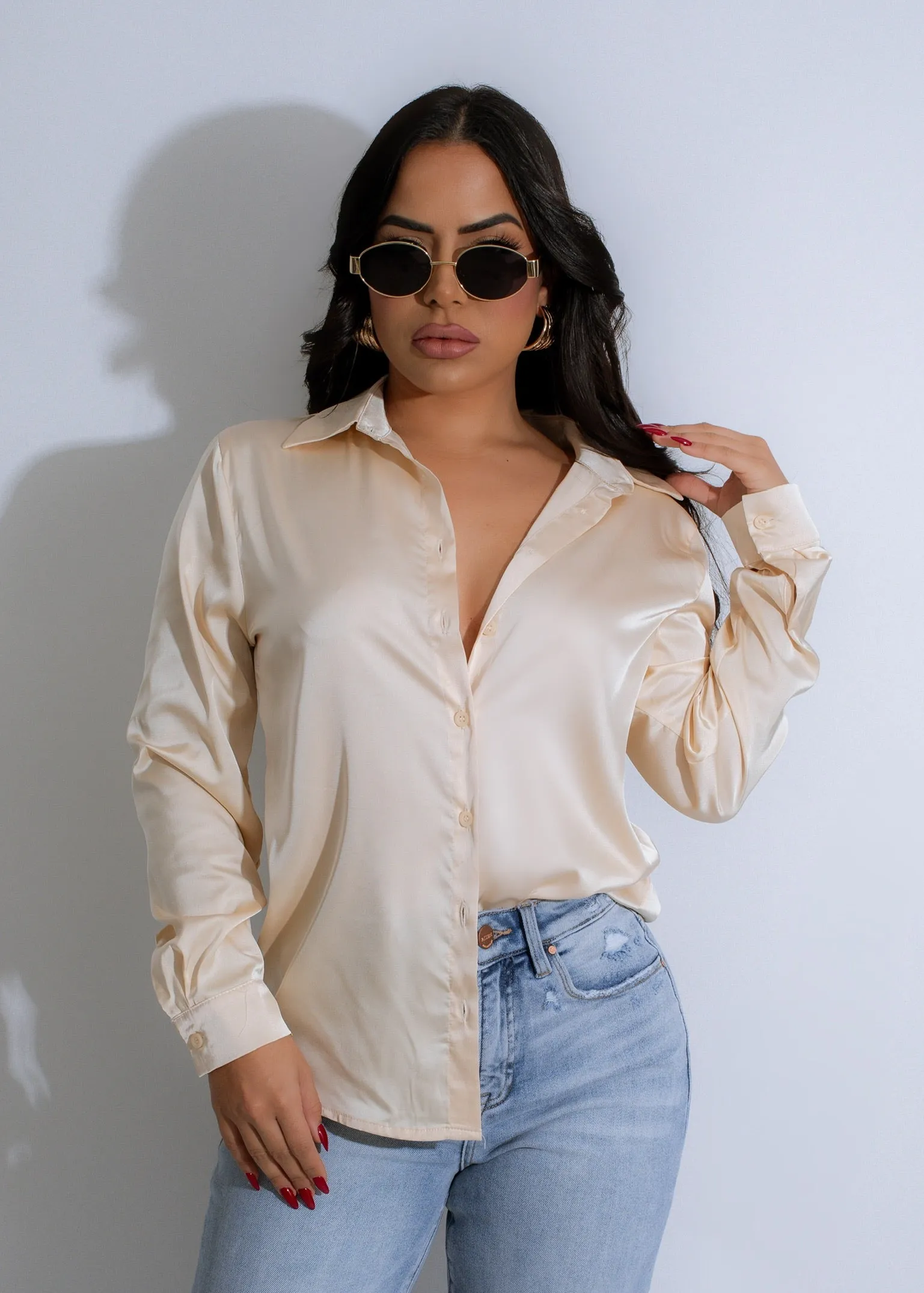 Eclipse Essence Satin Button Down Top Nude