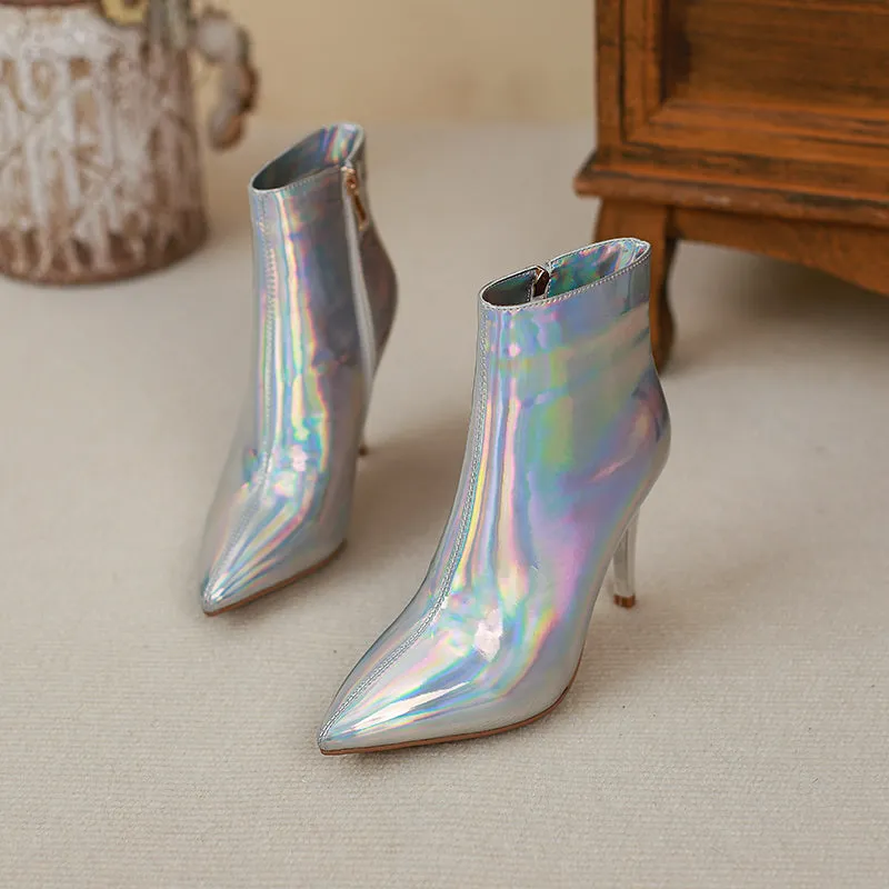 Etta Silver Holographic Stiletto Ankle Boots