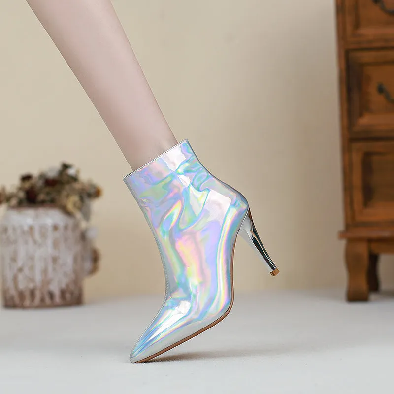 Etta Silver Holographic Stiletto Ankle Boots