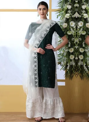 Green And White Embroidered Palazzo Style Suit