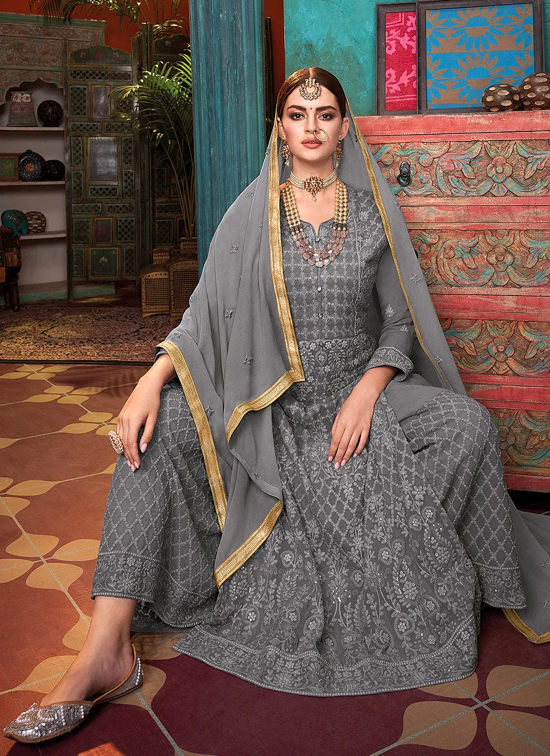 Grey Lucknowi Embroidered Palazzo Suit