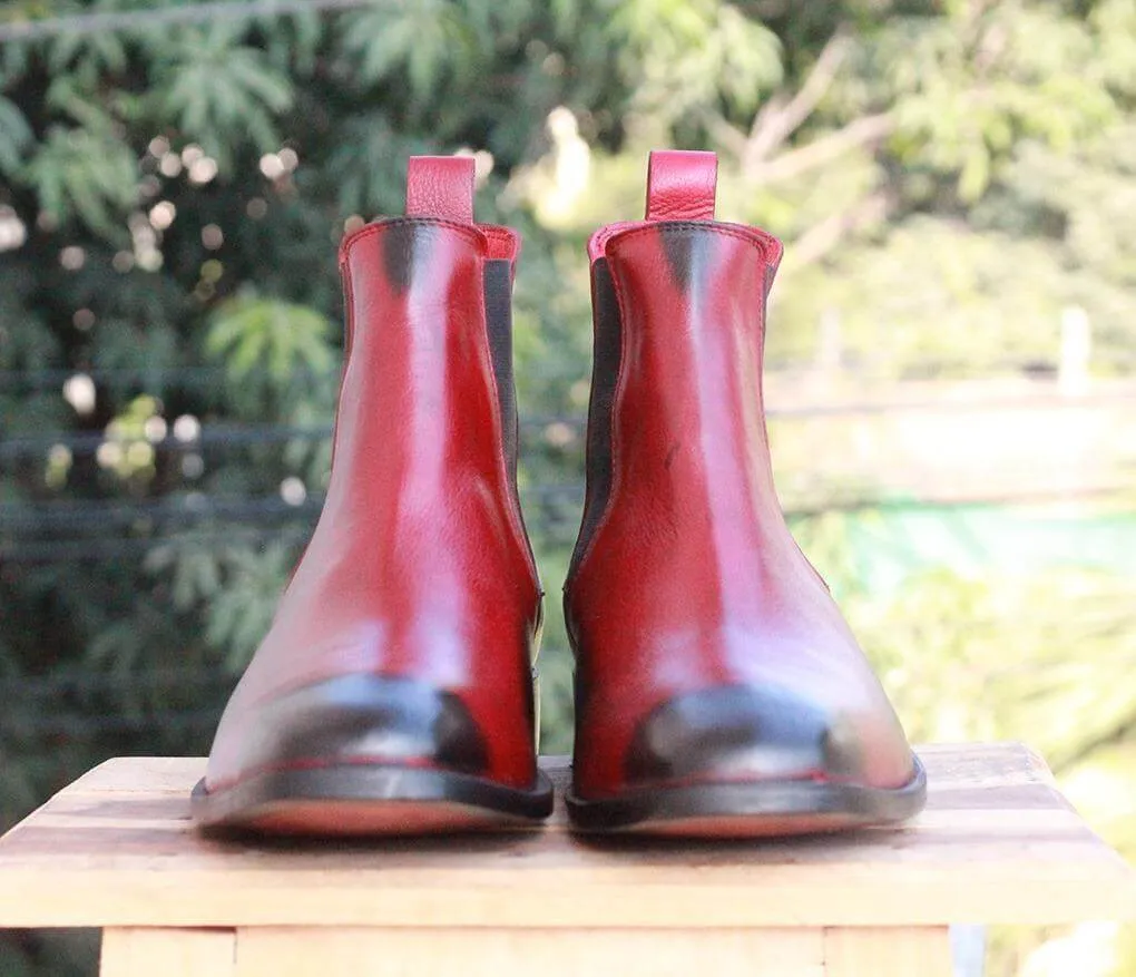 Handmade Black Burgundy Leather Chelsea Boots