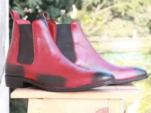 Handmade Black Burgundy Leather Chelsea Boots