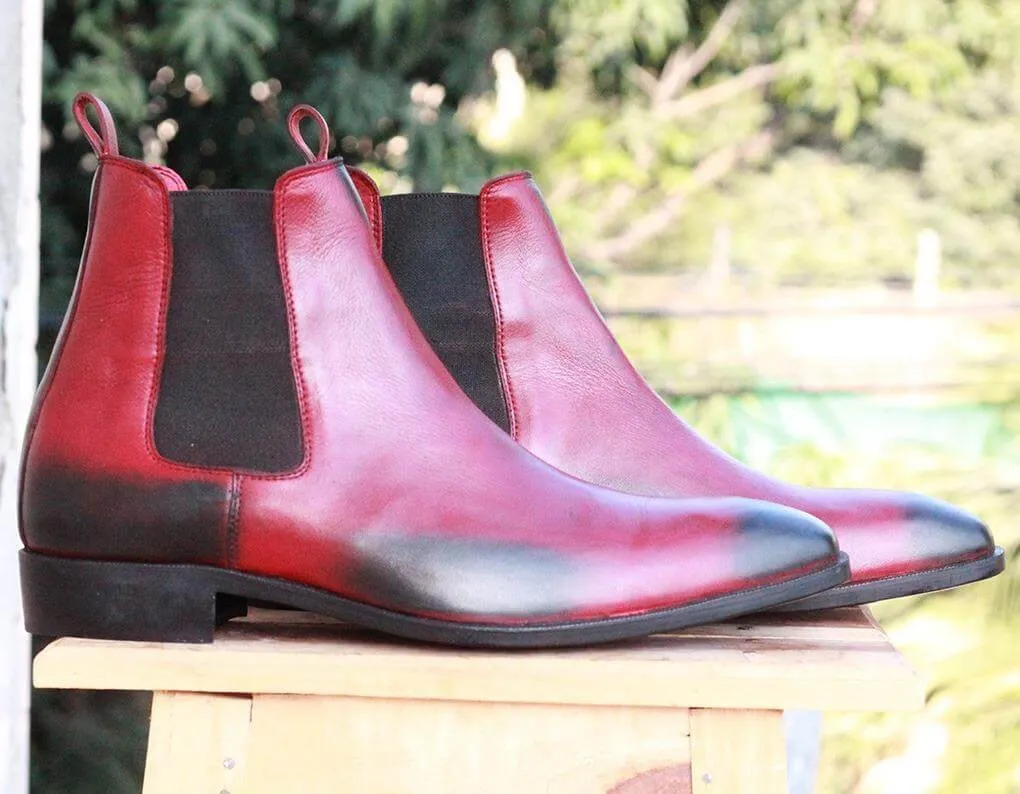 Handmade Black Burgundy Leather Chelsea Boots