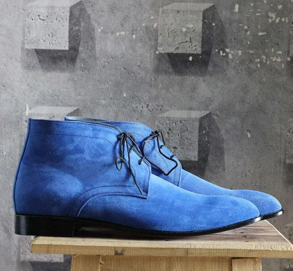 Handmade Blue Half Ankle Suede Lace Up Men's Boot