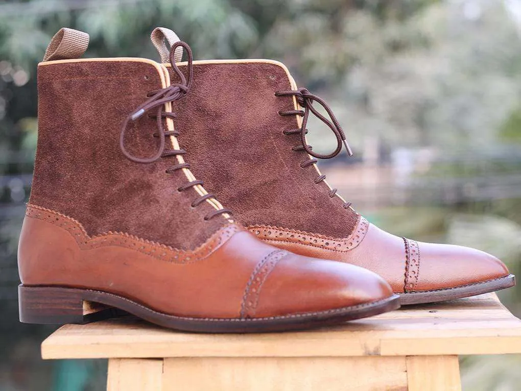 Handmade Brown Ankle Cap Toe Leather Suede Boot