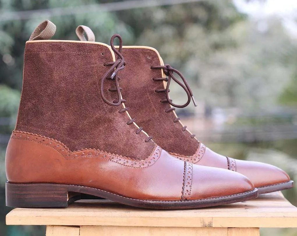 Handmade Brown Ankle Cap Toe Leather Suede Boot