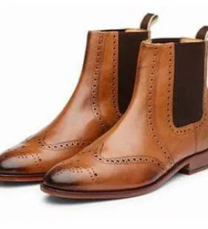 Handmade Leather  Wing Tip Brogue Tan Chelsea Boots