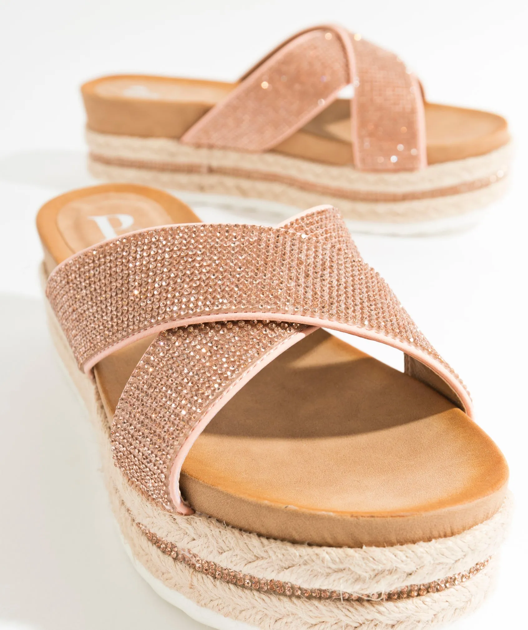 Natural Rhinestone Embellished Slip-On Sandals with Wedged Sole