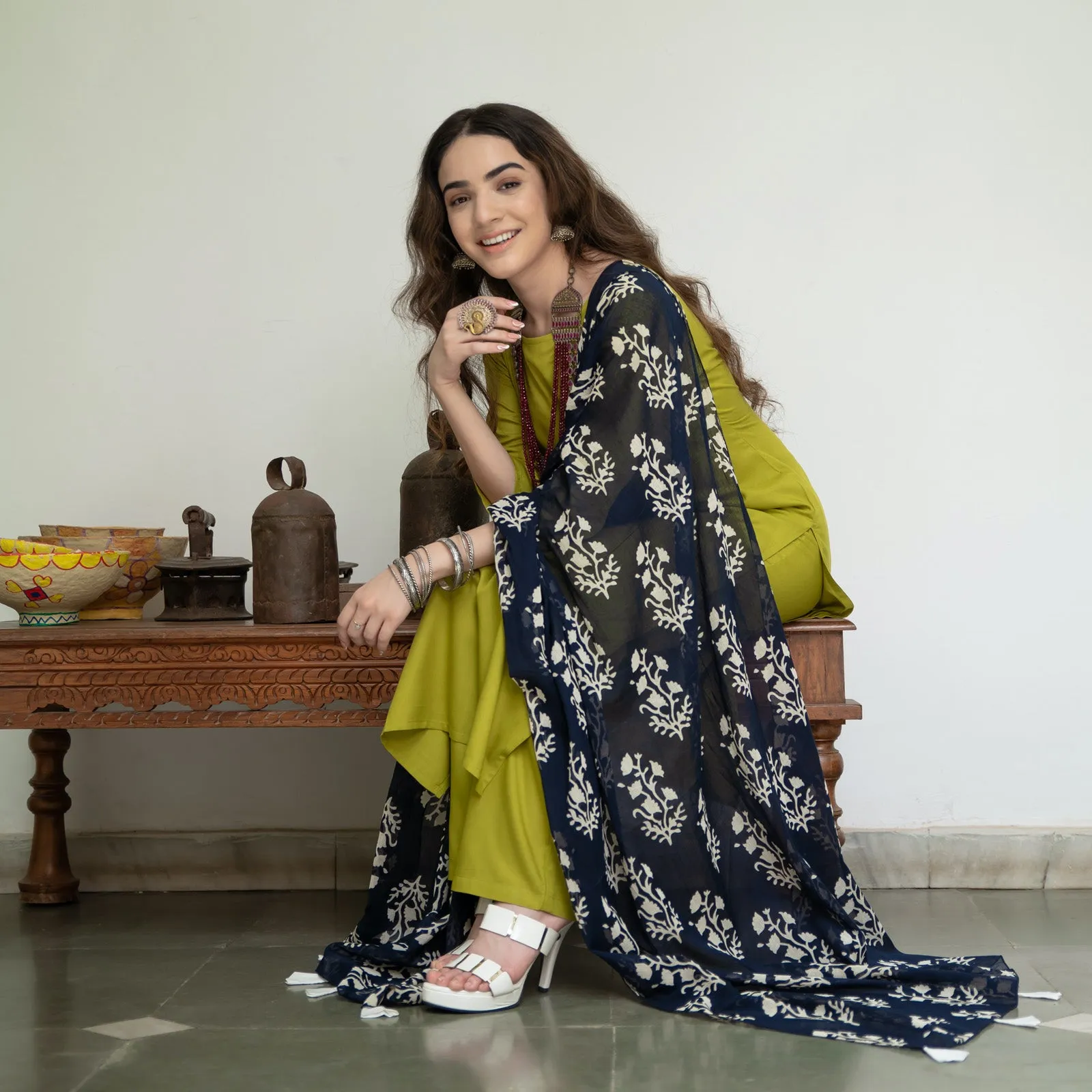 Olive Salwar Kurta Set for Women with Indigo Dupatta