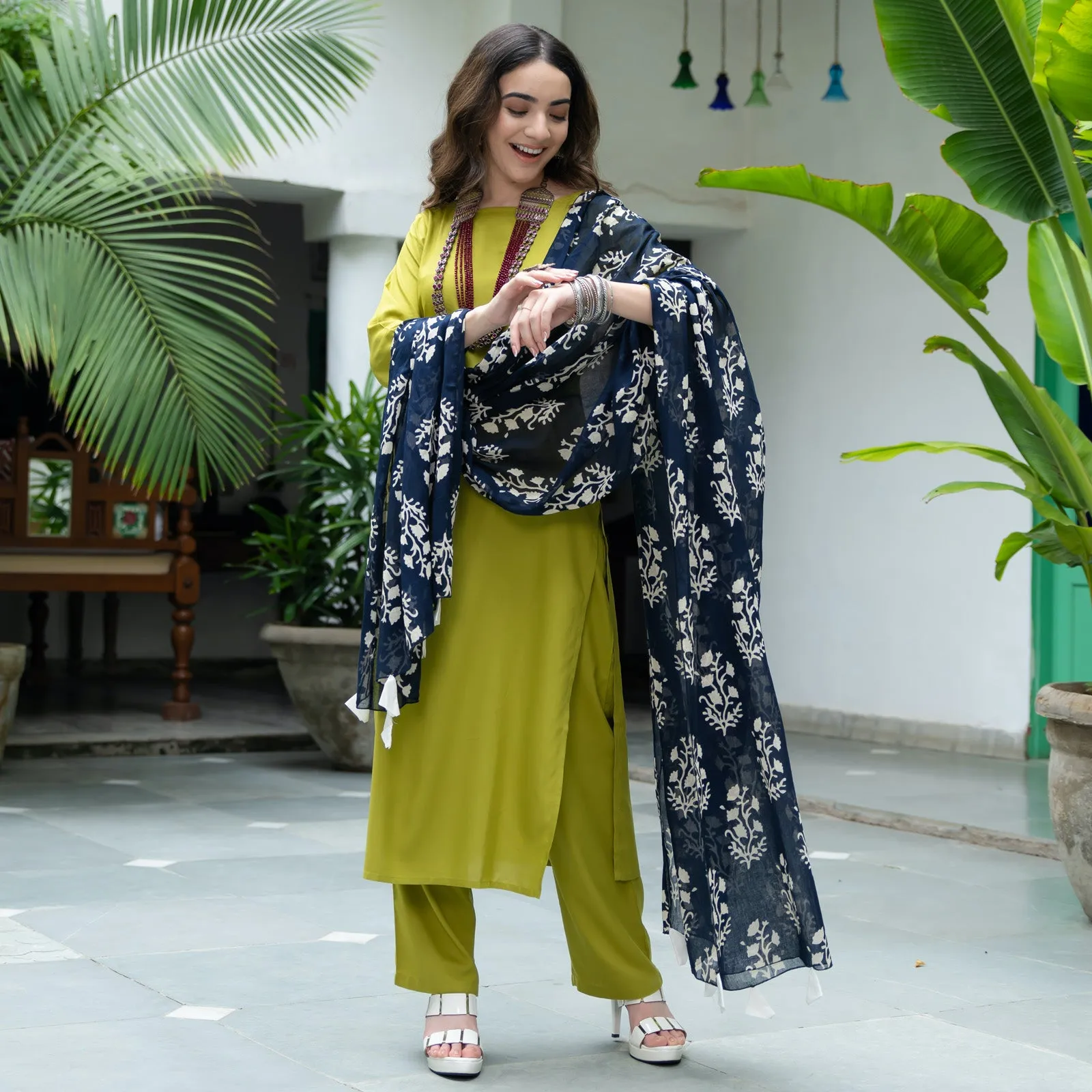 Olive Salwar Kurta Set for Women with Indigo Dupatta