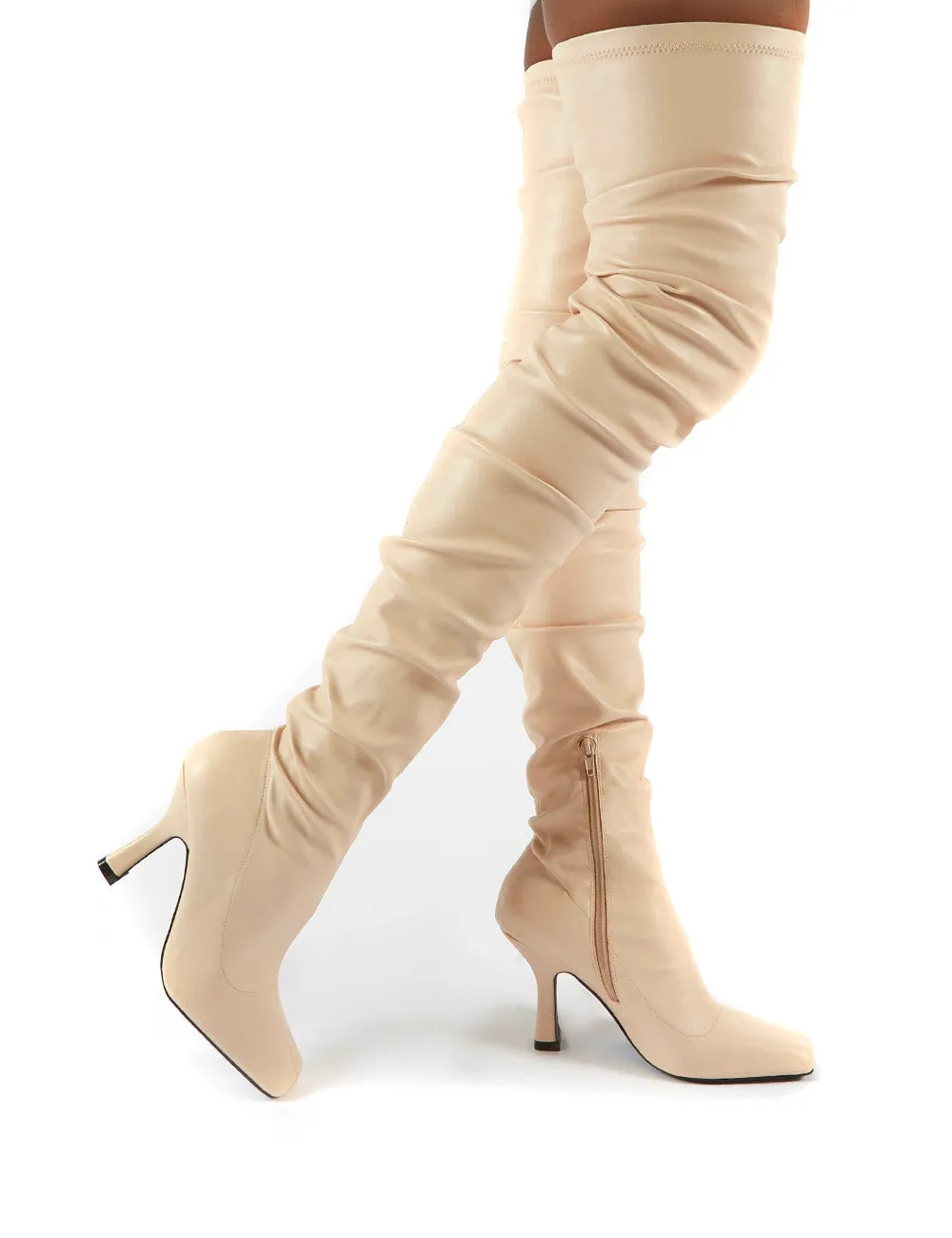 Outlaw Bone Ruched Over The Knee Heeled Boots