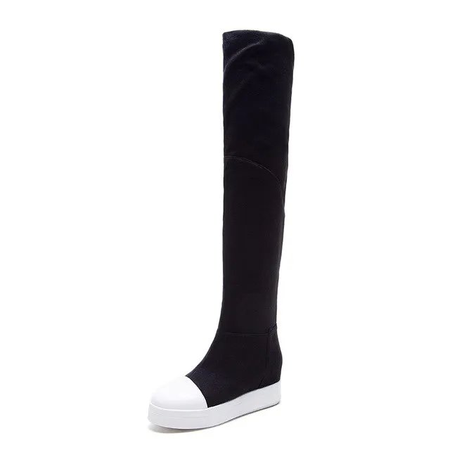 patchwork flat heel over the knee boots