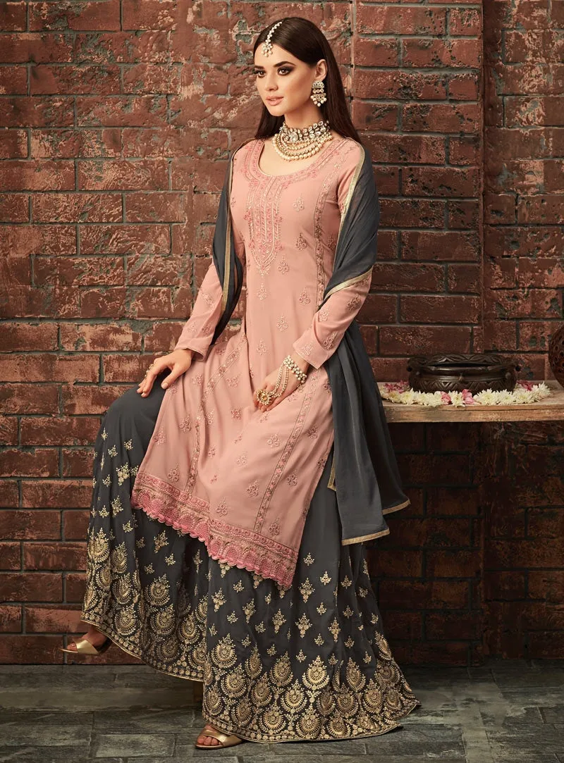 Peach And Grey Traditional Embroidered Palazzo Suit