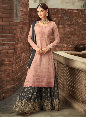 Peach And Grey Traditional Embroidered Palazzo Suit