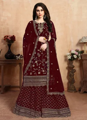 Red Golden Embroidered Designer Sharara Style Suit