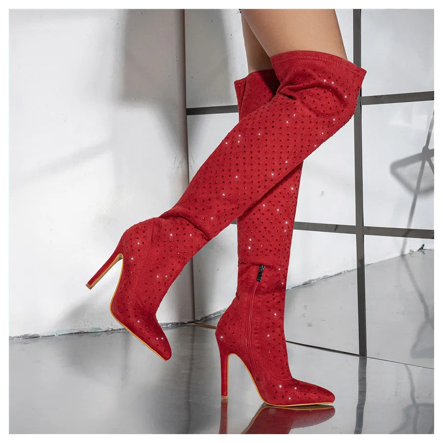 Rhinestone Covered Faux Suede Over The  Knee Boots