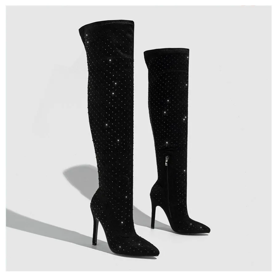 Rhinestone Covered Faux Suede Over The  Knee Boots