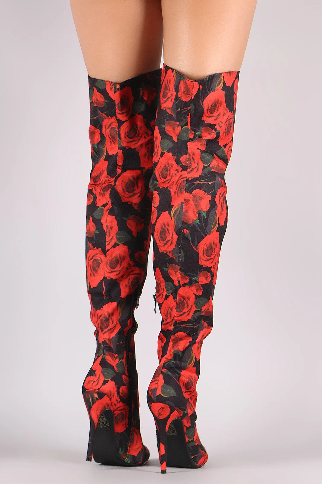 Rosette Print Pointy Toe Over-The-Knee Boots