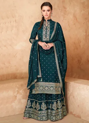 Turquoise Golden Zari Embroidered Sharara Style Suit