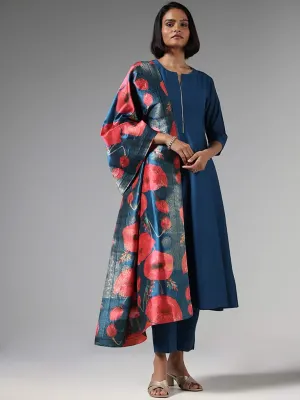 Vark Solid Indigo Kurta, Pants with Floral Dupatta Set